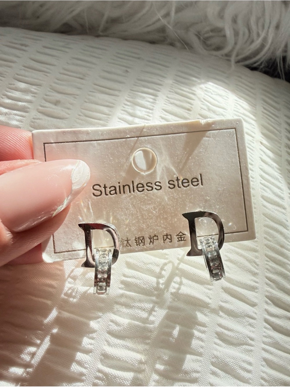 Stainless Steel Silver D Studs Crystal Earrings